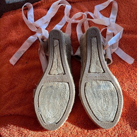 platform tie-up wedge espadrille sandal golden canvas w/pink ribbon shoe 5 1/2 - Picture 9 of 11